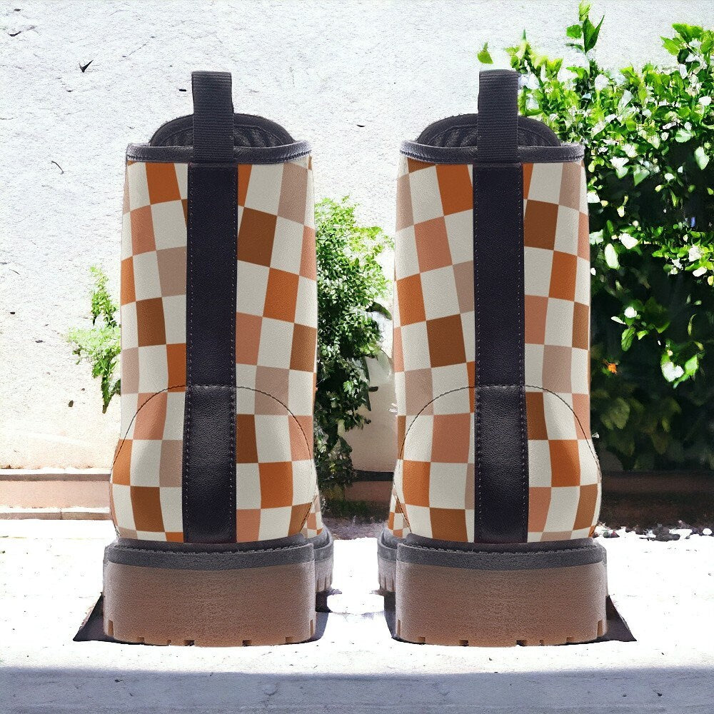 Checkered Combat Boots, Combat Boots, Mens Leather Boots, Goblincore, Gift for Neutral Lover, Women's Platform, Cottagecore Trendy Aesthetic