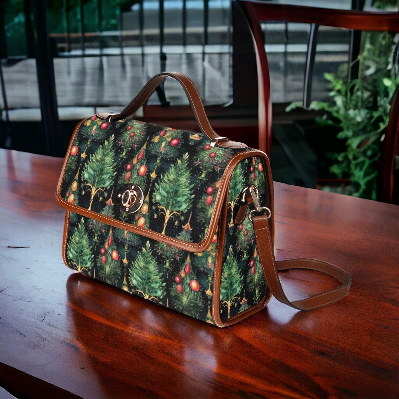 Canvas Crossbody Bag Mens Vintage Christmas Trees Purse Dark Academia Soft Leather Crossbody Bag Holiday Outfit Accessory