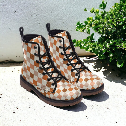Checkered Combat Boots, Combat Boots, Mens Leather Boots, Goblincore, Gift for Neutral Lover, Women's Platform, Cottagecore Trendy Aesthetic