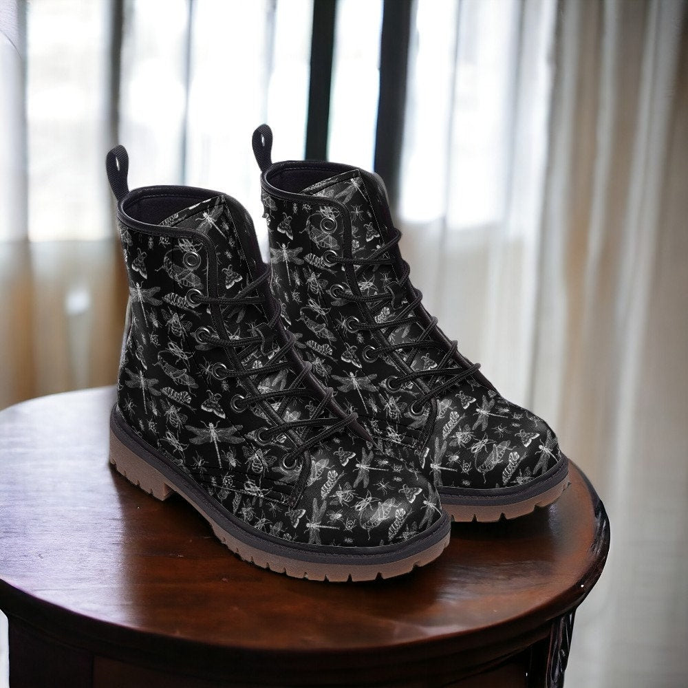 Vegan Combat Boots, Boots, Woodland Wildflowers Butterflies Boots, Witchcore Festival Boot, Goblincore Dragonflies Flowers Boots