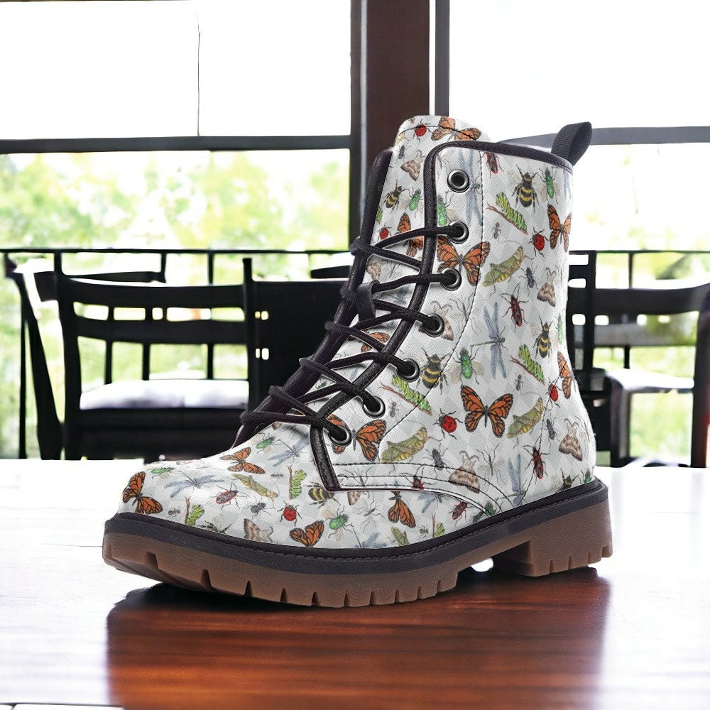 Vegan Combat Boots, Boots, Woodland Wildflowers Butterflies Boots, Witchcore Festival Boot, Goblincore Dragonflies Flowers Boots