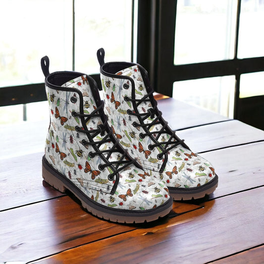 Vegan Combat Boots, Boots, Woodland Wildflowers Butterflies Boots, Witchcore Festival Boot, Goblincore Dragonflies Flowers Boots