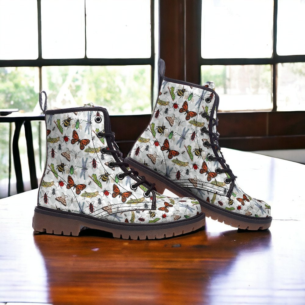 Vegan Combat Boots, Boots, Woodland Wildflowers Butterflies Boots, Witchcore Festival Boot, Goblincore Dragonflies Flowers Boots