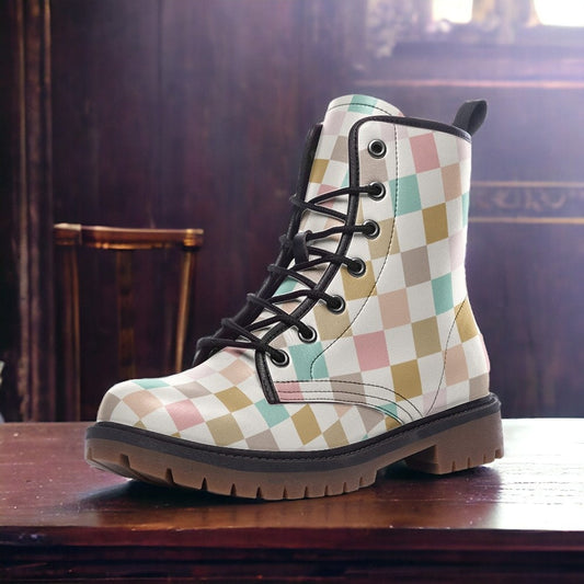 Checkered Combat Boots, Combat Boots, Mens Leather Boots, Goblincore, Gift for Neutral Lover, Women's Platform, Cottagecore Trendy Aesthetic