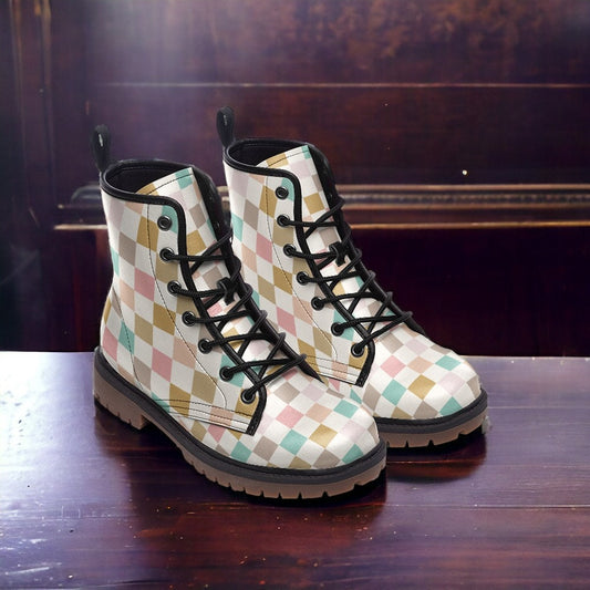 Checkered Combat Boots, Combat Boots, Mens Leather Boots, Goblincore, Gift for Neutral Lover, Women's Platform, Cottagecore Trendy Aesthetic