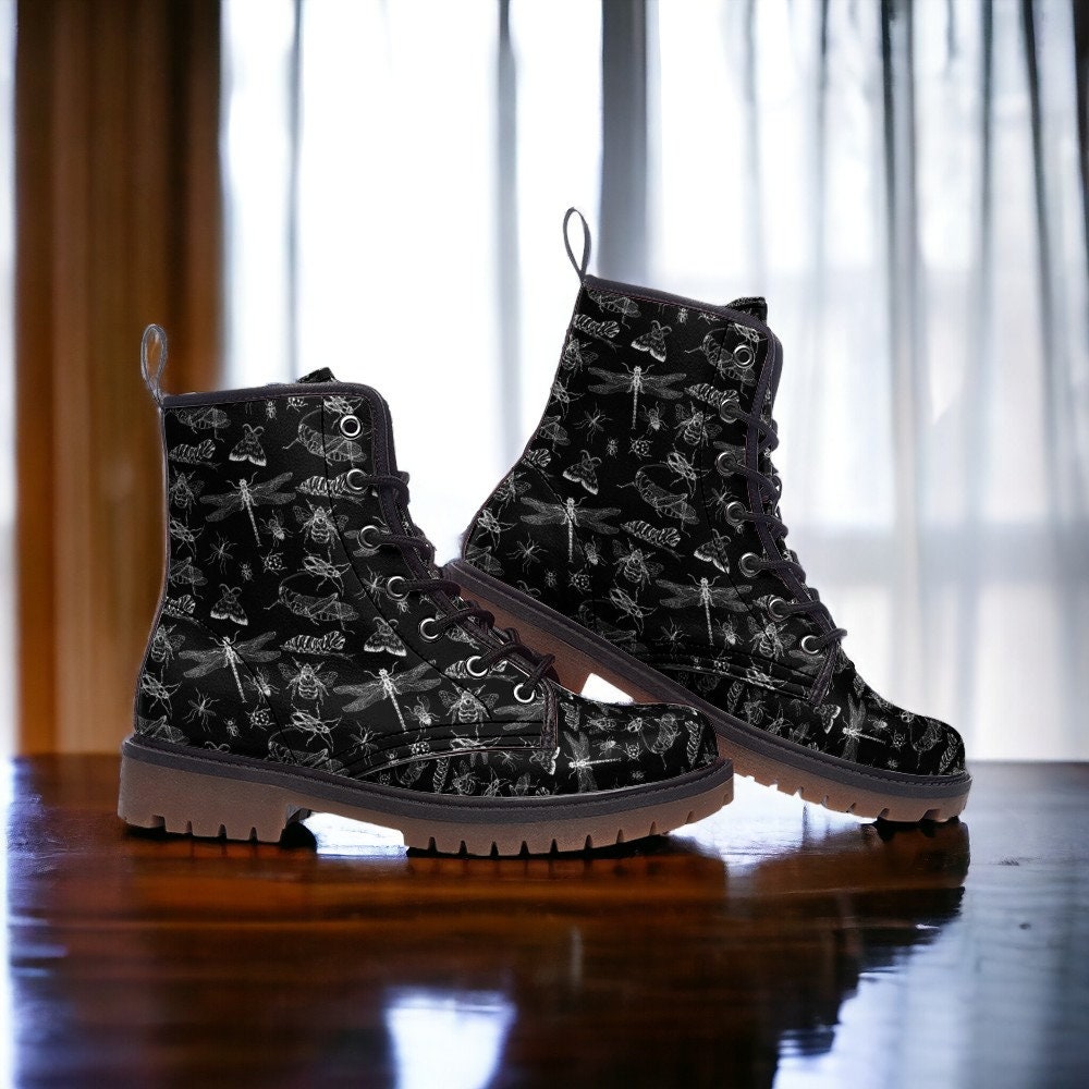 Vegan Combat Boots, Boots, Woodland Wildflowers Butterflies Boots, Witchcore Festival Boot, Goblincore Dragonflies Flowers Boots