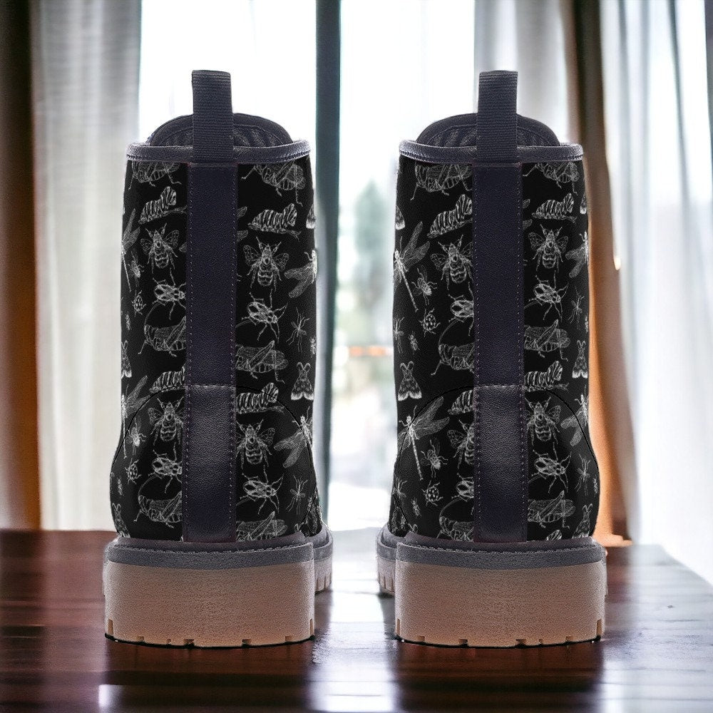 Vegan Combat Boots, Boots, Woodland Wildflowers Butterflies Boots, Witchcore Festival Boot, Goblincore Dragonflies Flowers Boots