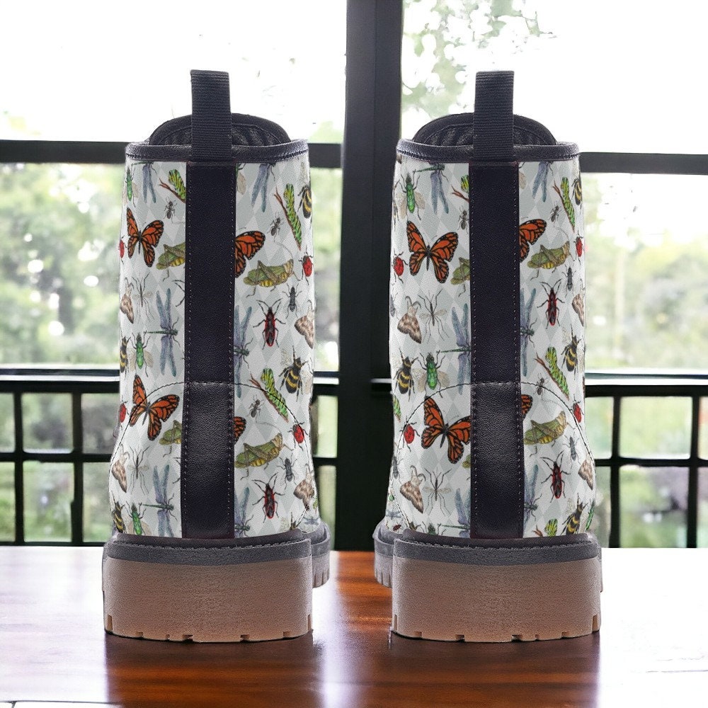 Vegan Combat Boots, Boots, Woodland Wildflowers Butterflies Boots, Witchcore Festival Boot, Goblincore Dragonflies Flowers Boots