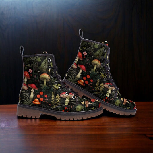 Combat Boots, Mens Leather Boots, Witch Shoes, Gift for Mushroom Lover, Women's Platform, Cottagecore Dark Academia, Enchanted Forest