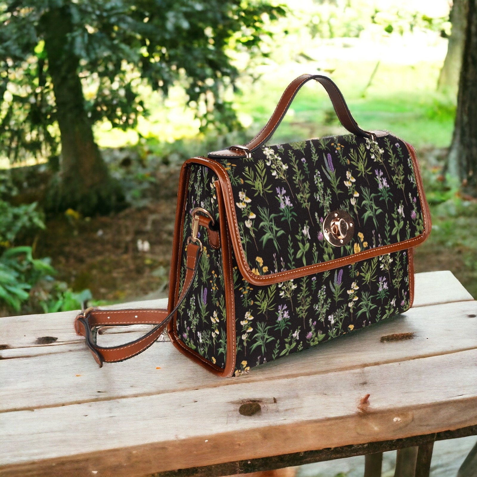 Canvas Crossbody Bag, Gothic Purse, Dark Cottagecore, Hand Bag, Gift for Floral Lovers, Mens Crossbody Bag, Enchanted Forest, Green Witch