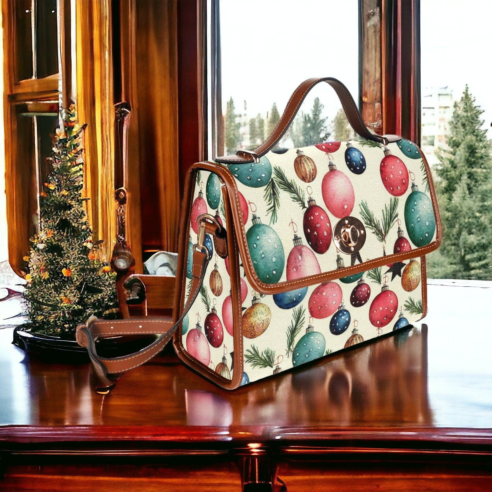 Canvas Crossbody Bag Mens Vintage Christmas Trees Purse Dark Academia Soft Leather Crossbody Bag Holiday Outfit Accessory