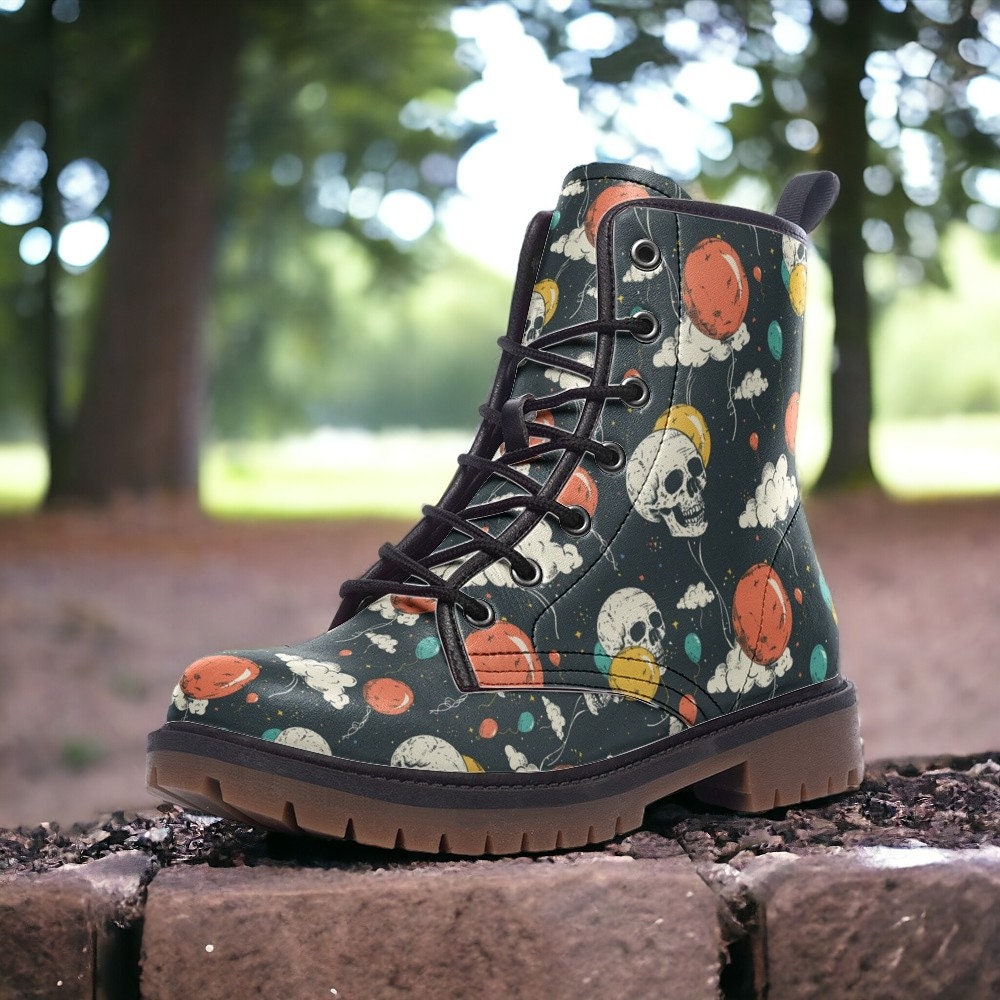 Skull Shoes, Goth Shoes, Black Vegan Leather Boots, Combat Boots, Novelty Shoes, Goth Birthday Outfit, Halloween Cute Shoes, Gift for Gothic