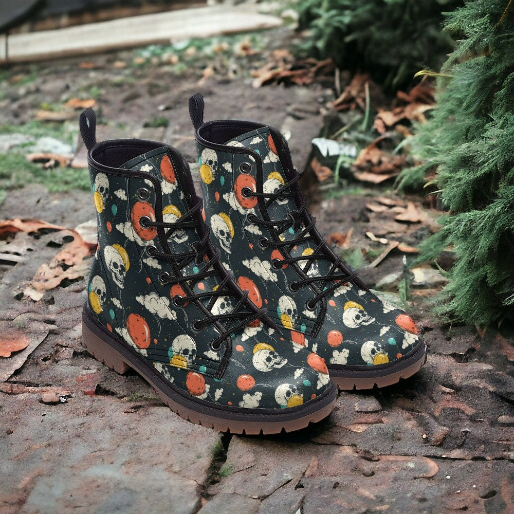 Skull Shoes, Goth Shoes, Black Vegan Leather Boots, Combat Boots, Novelty Shoes, Goth Birthday Outfit, Halloween Cute Shoes, Gift for Gothic