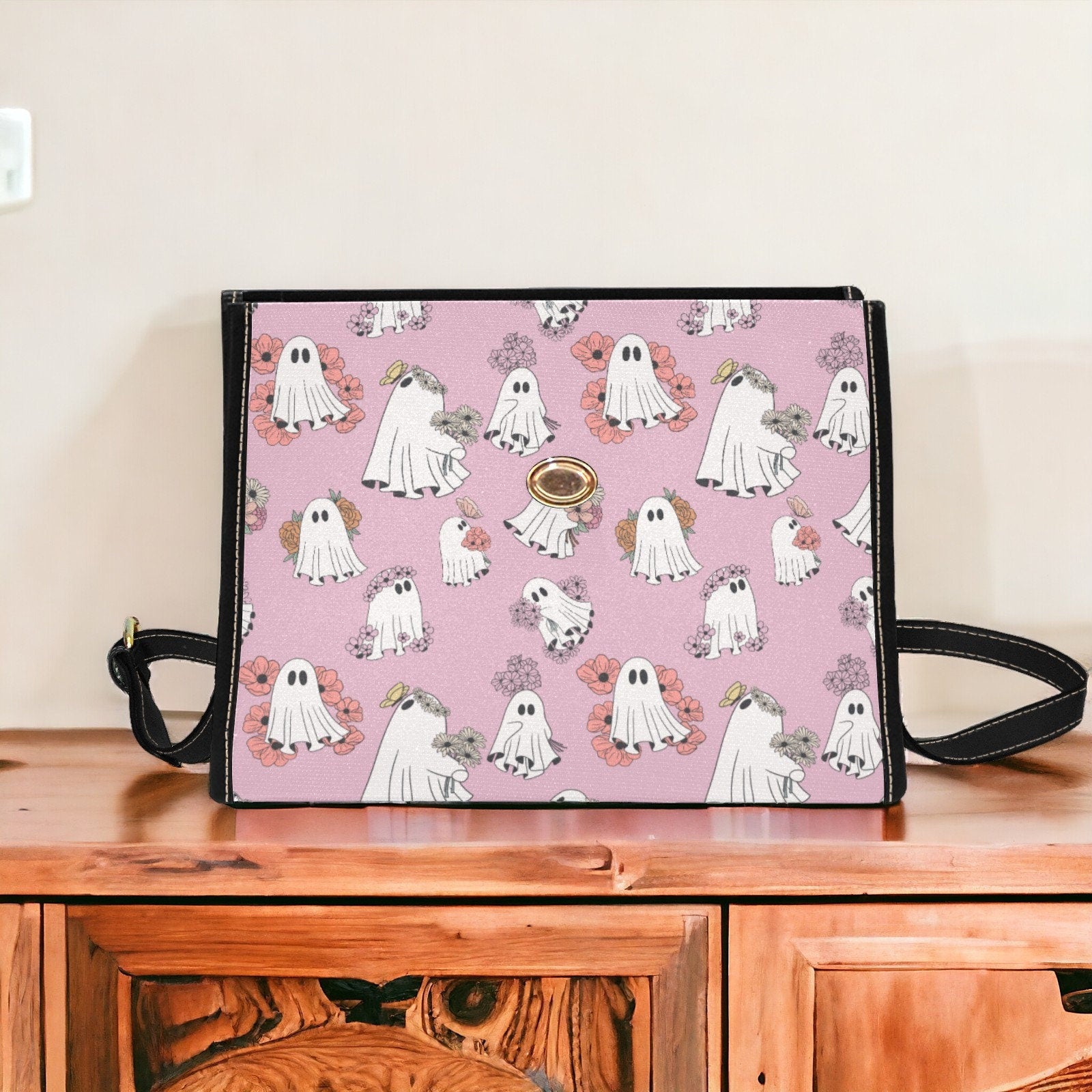 Canvas Halloween Bag Cute Floral Ghost Purse October Crossbody Gift for Witchy Lovers Weekender Bag Women Weekend Bag