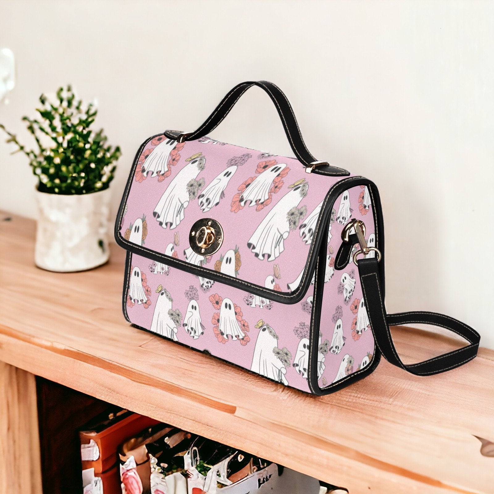 Canvas Halloween Bag Cute Floral Ghost Purse October Crossbody Gift for Witchy Lovers Weekender Bag Women Weekend Bag