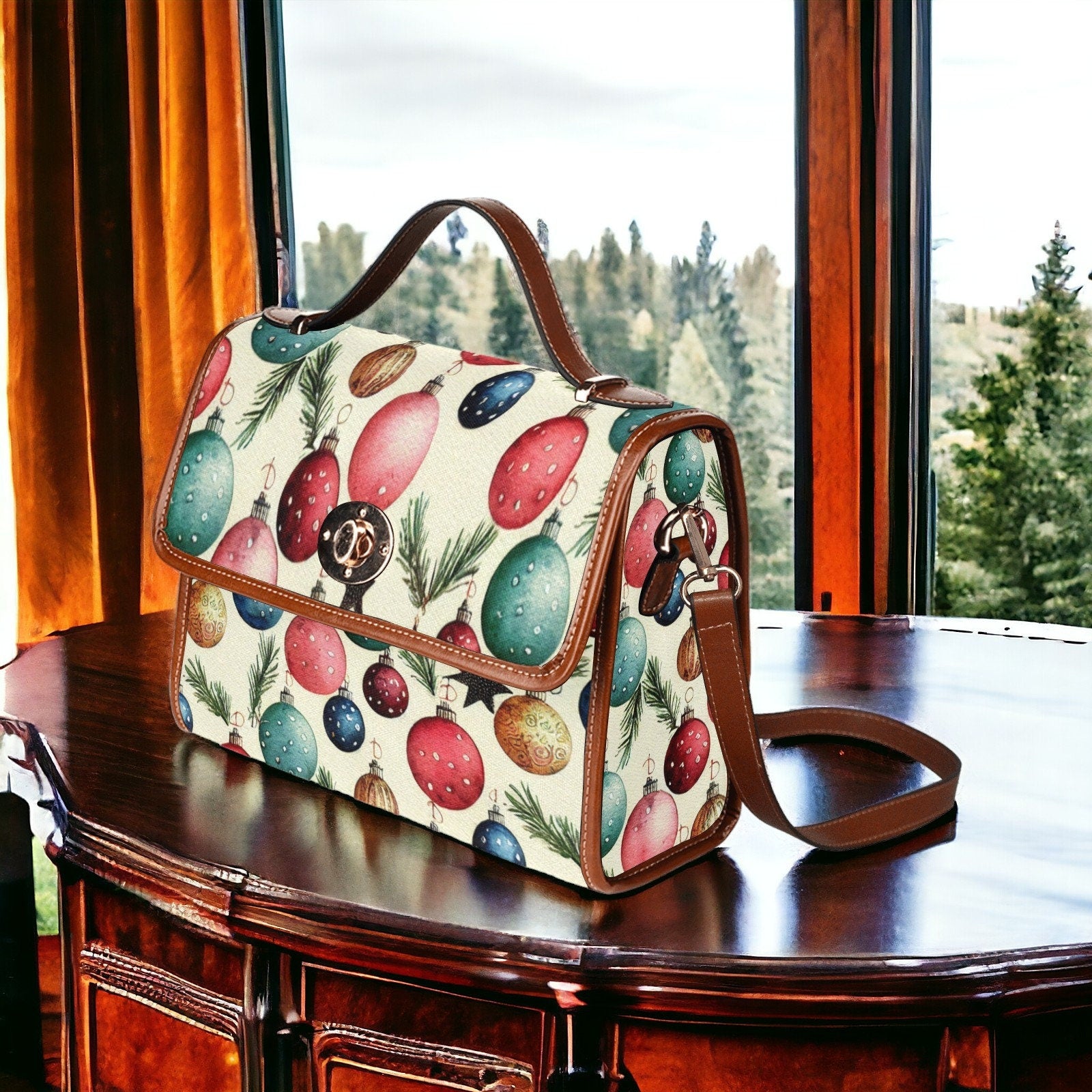 Canvas Crossbody Bag Mens Vintage Christmas Trees Purse Dark Academia Soft Leather Crossbody Bag Holiday Outfit Accessory