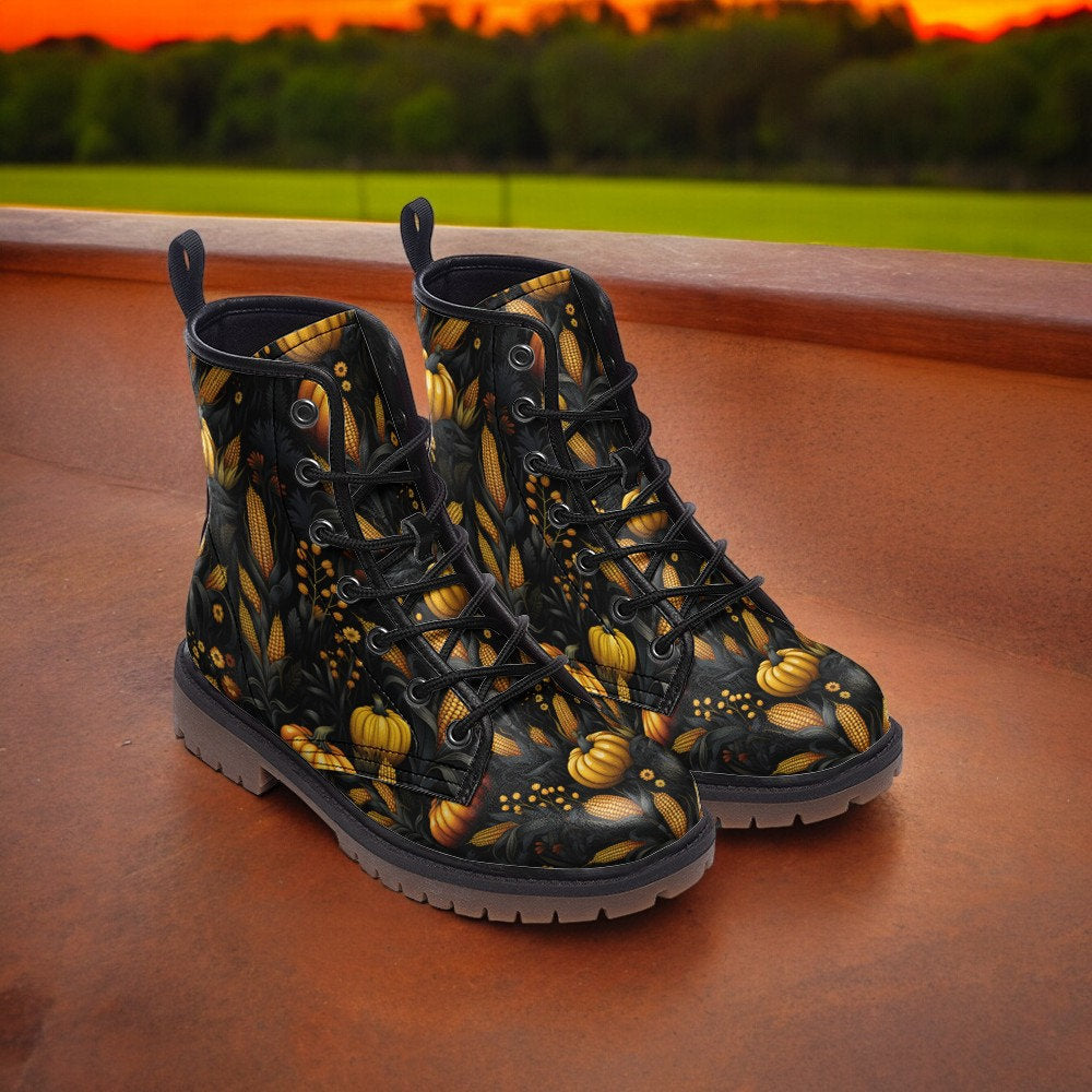Combat Boots, Halloween Pumpkin, Vegan Leather Shoes, Unisex Men's Leather Boots, Platform Boots, Spooky Cottagecore, Shoes Lace Up, Autumn