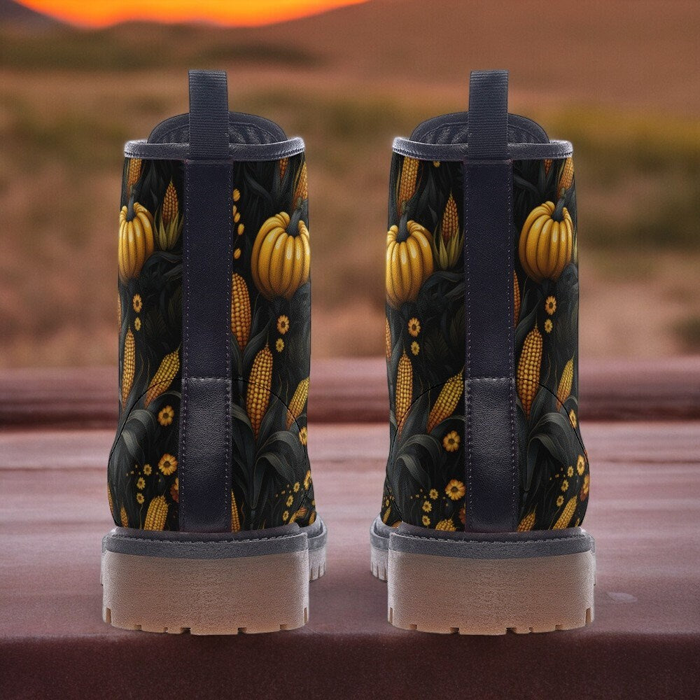 Combat Boots, Halloween Pumpkin, Vegan Leather Shoes, Unisex Men's Leather Boots, Platform Boots, Spooky Cottagecore, Shoes Lace Up, Autumn