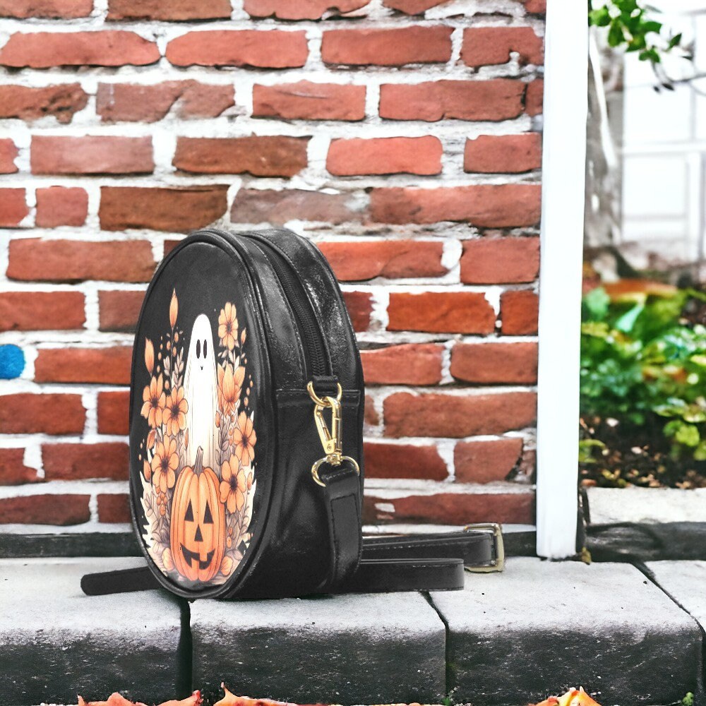 Boho Ghost, Vegan Leather, Round Bag, Halloween Bag, October Crossbody, Pumpkin Spice, Gift for Witchy Lovers, Fall Leaves Handbag