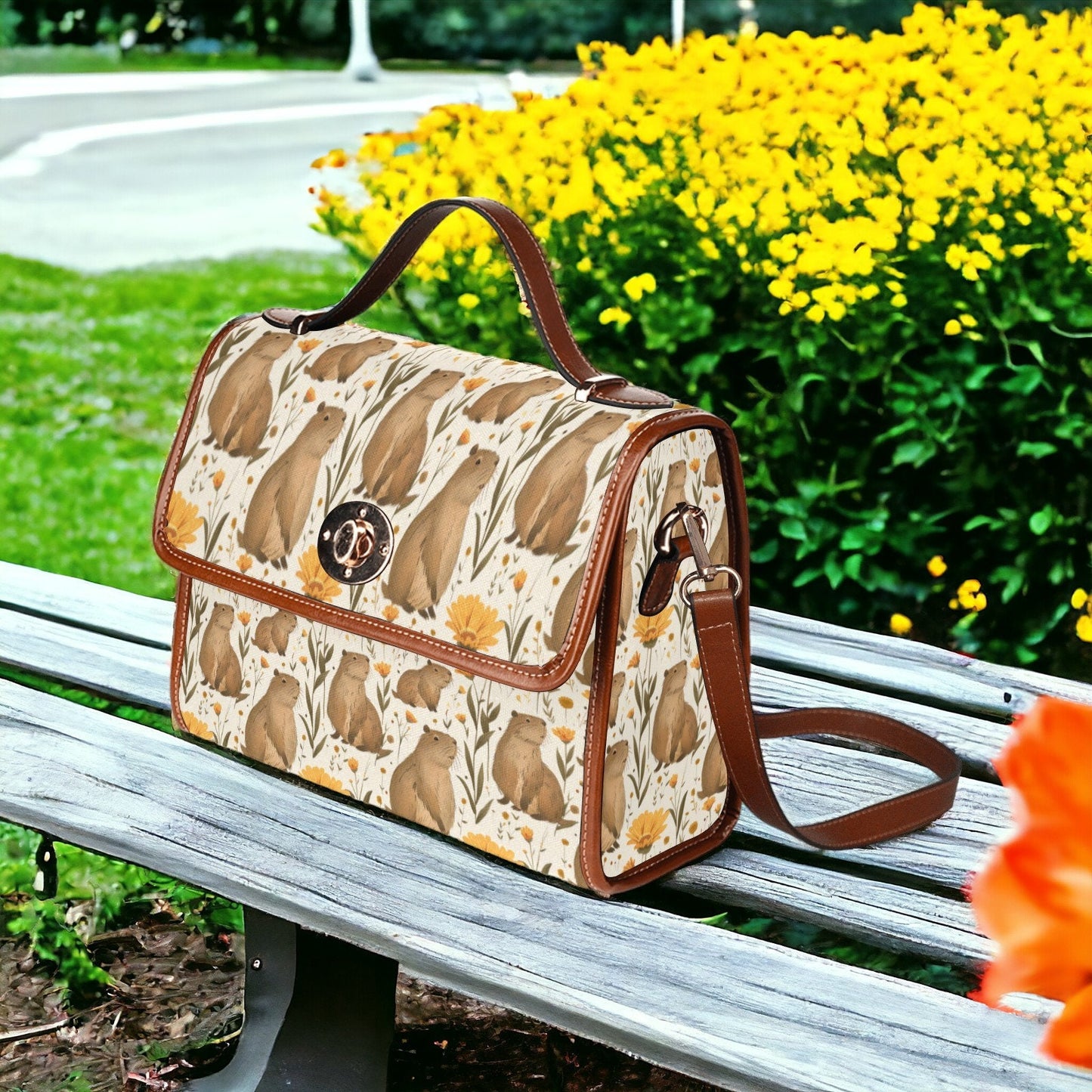 Capybara, Satchel, Canvas Crossbody Bag, Wildflowers Bag, Tote Bag, Cross Body Bag, Goth Bag, Summer Purse
