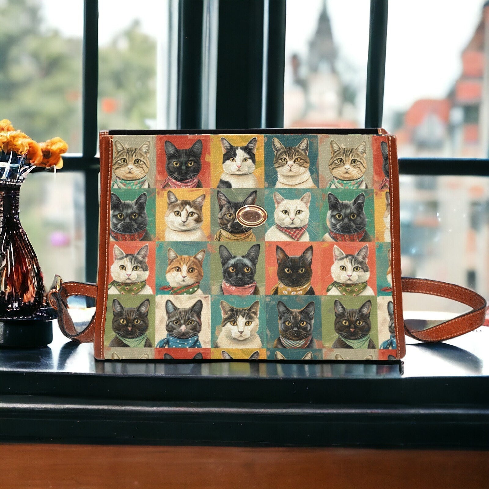 Cat Bag, Satchel, Canvas Crossbody Bag, Cats Purse, Tote Bag, Cross Body Bag, Wildflowers Bag, Summer Purse