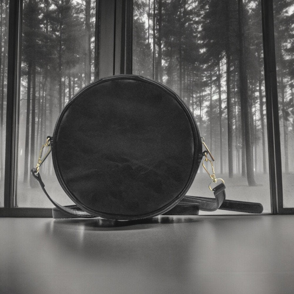 Crow Purse, Vegan Leather, Round Bag, Halloween Bag, October Crossbody, Pumpkin Spice, Gift for Witchy Lovers, Fall Leaves Handbag