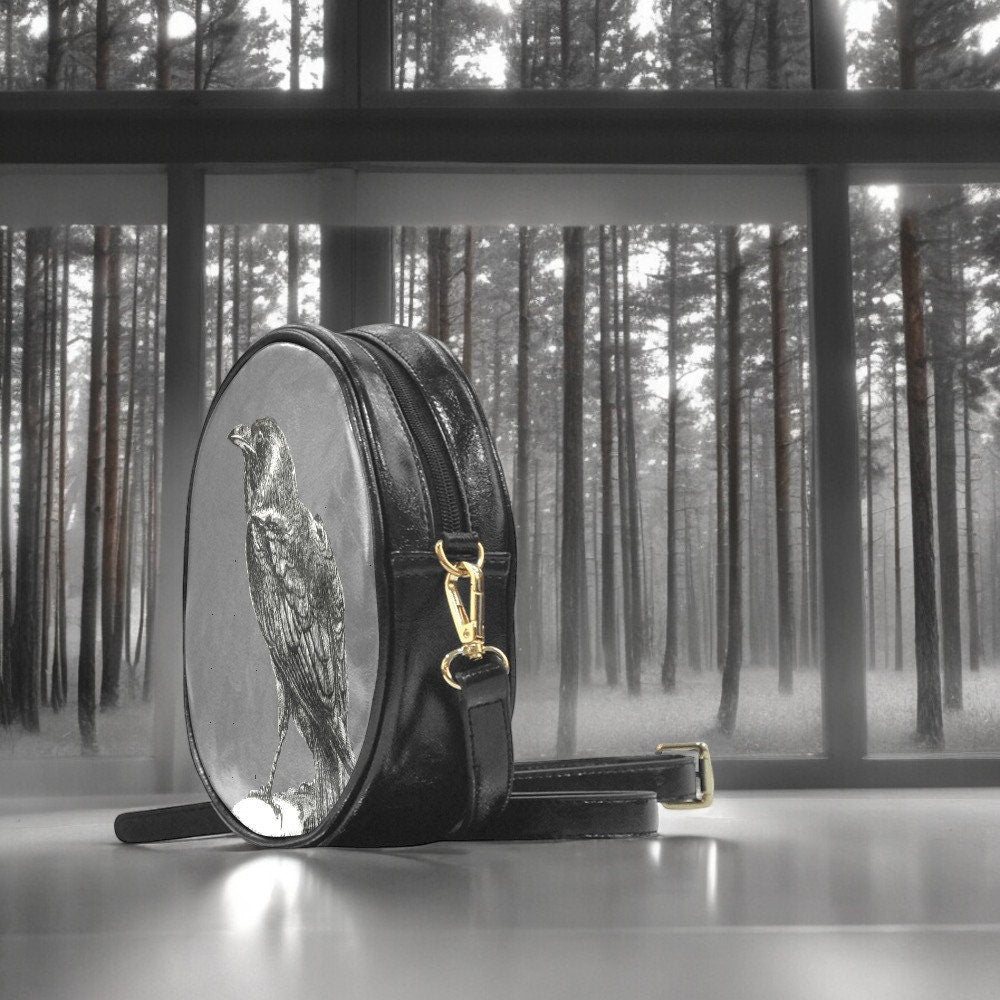 Crow Purse, Vegan Leather, Round Bag, Halloween Bag, October Crossbody, Pumpkin Spice, Gift for Witchy Lovers, Fall Leaves Handbag