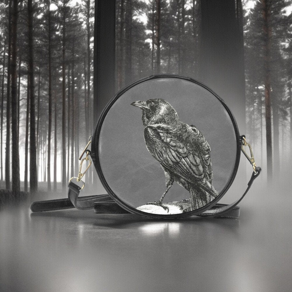 Crow Purse, Vegan Leather, Round Bag, Halloween Bag, October Crossbody, Pumpkin Spice, Gift for Witchy Lovers, Fall Leaves Handbag