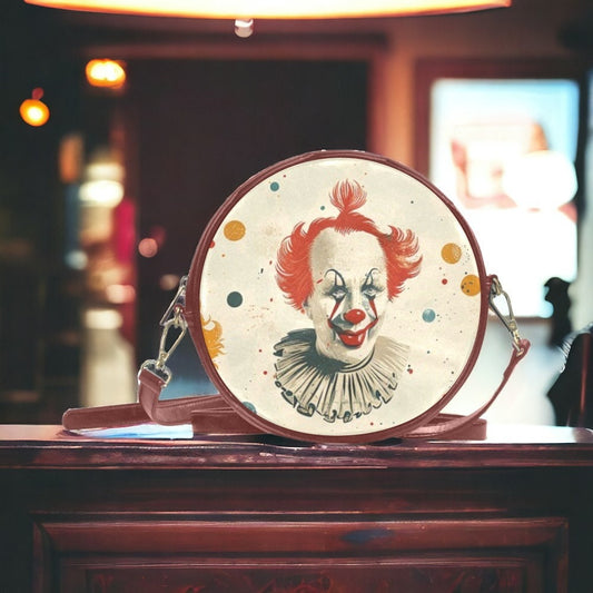 Clowncore, Vegan Leather, Round Bag, Halloween Bag, October Crossbody, Pumpkin Spice, Gift for Witchy Lovers, Fall Leaves Handbag