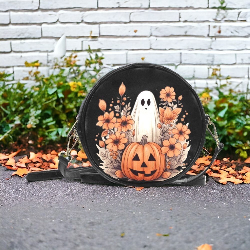 Boho Ghost, Vegan Leather, Round Bag, Halloween Bag, October Crossbody, Pumpkin Spice, Gift for Witchy Lovers, Fall Leaves Handbag