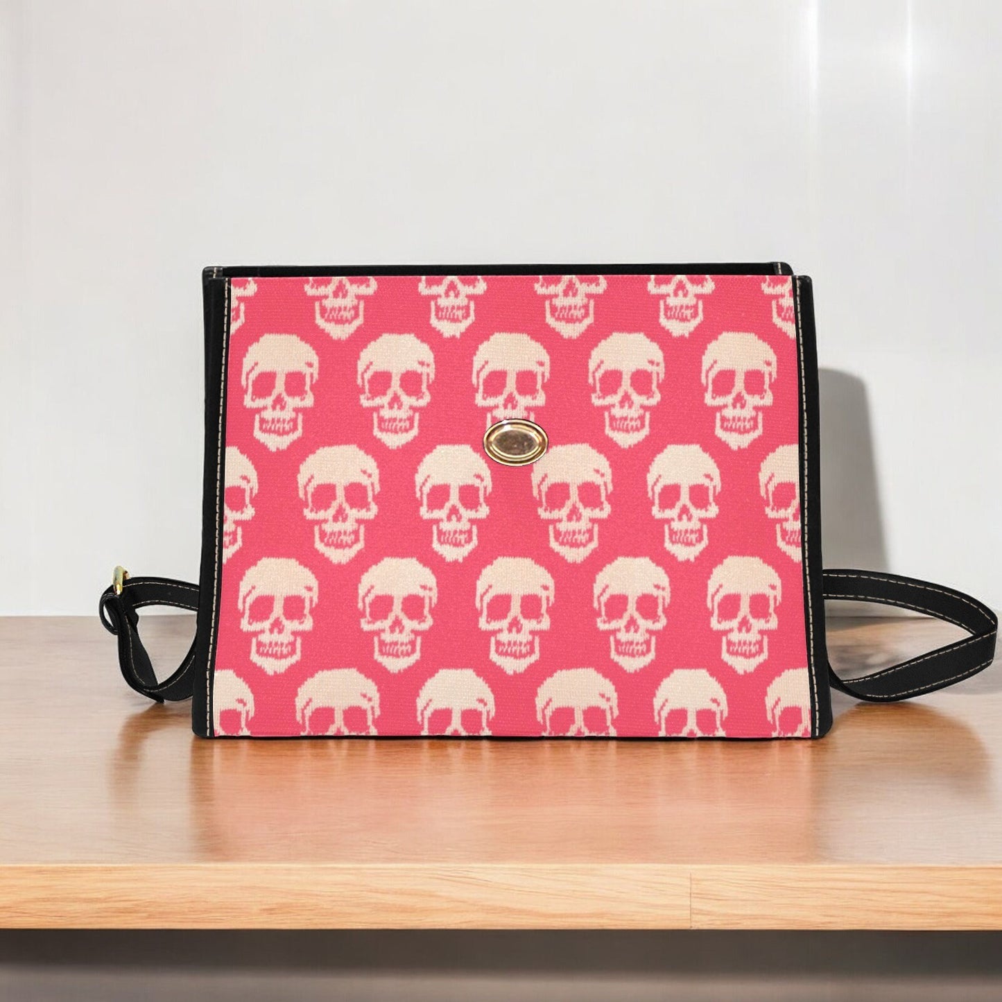 Canvas Bag, Pink Halloween Bag, Knitted Skulls, October Outfit, Crossbody Bag, Gift for Witchy Lovers, Cute Purse, Satchel Bag