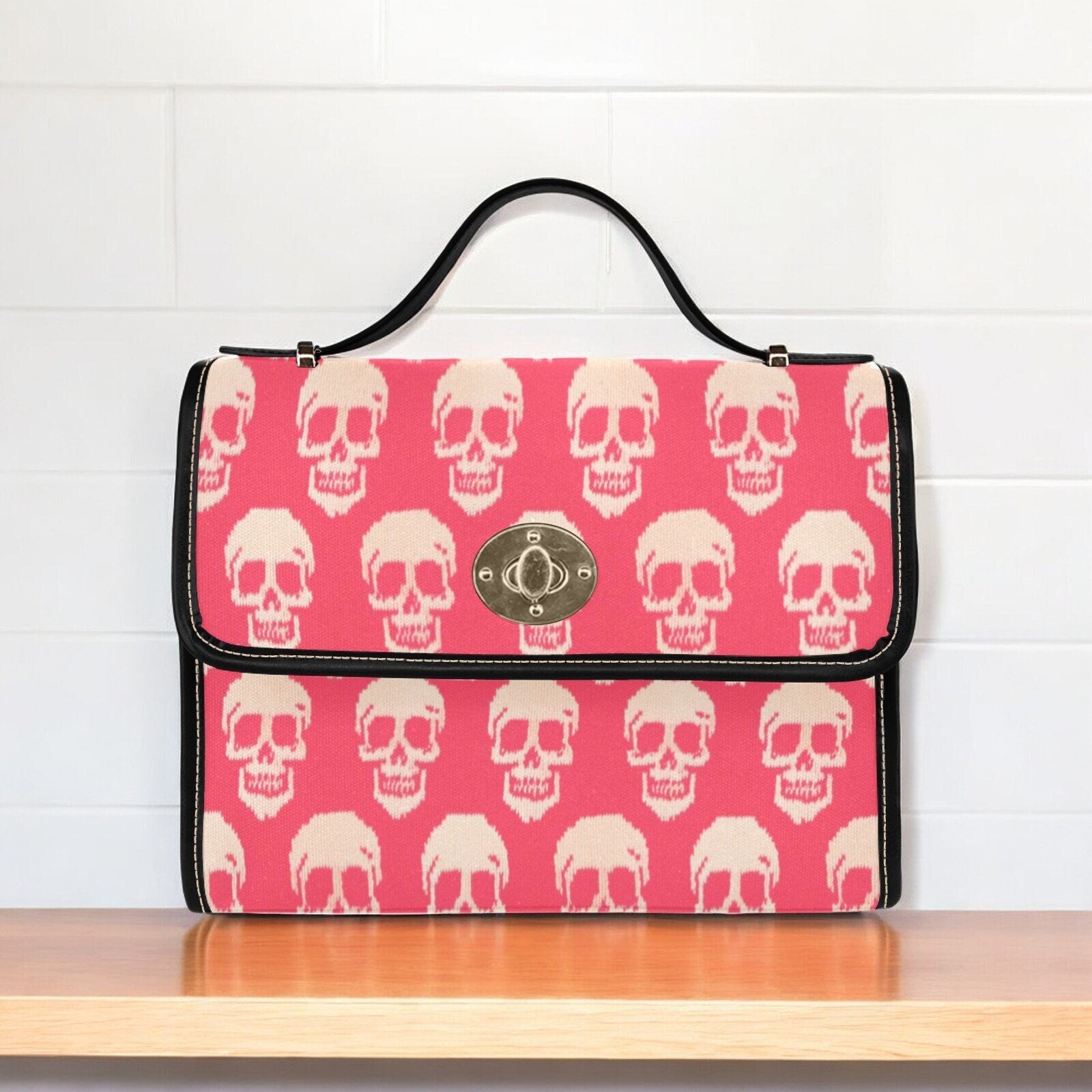 Canvas Bag, Pink Halloween Bag, Knitted Skulls, October Outfit, Crossbody Bag, Gift for Witchy Lovers, Cute Purse, Satchel Bag