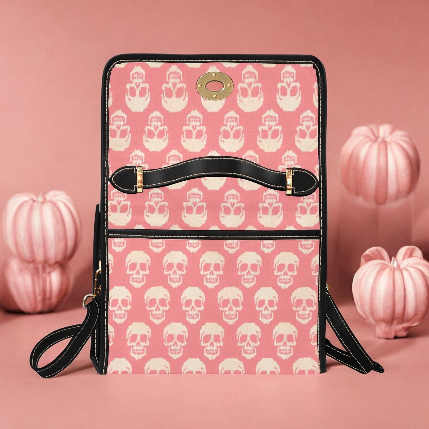 Canvas Bag, Pink Halloween Bag, Knitted Skulls, October Outfit, Crossbody Bag, Gift for Witchy Lovers, Cute Purse, Satchel Bag