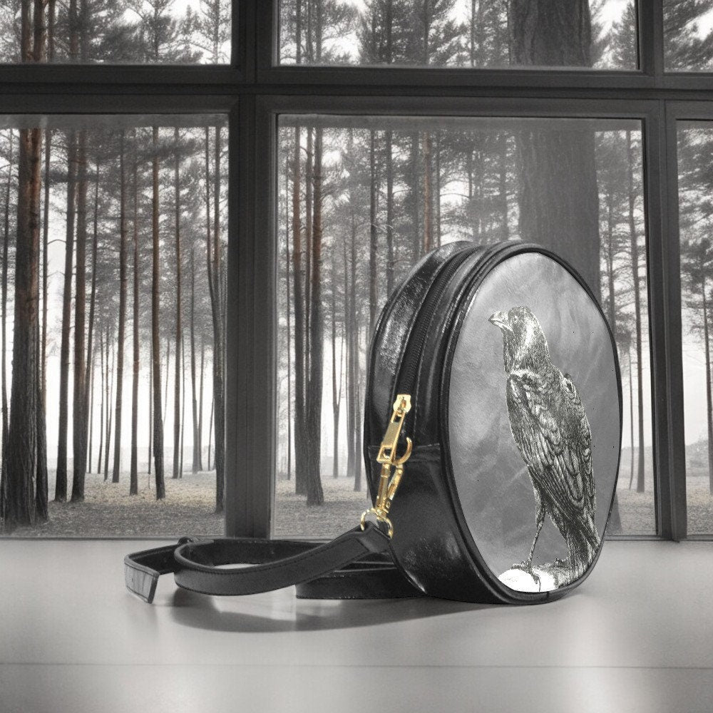 Crow Purse, Vegan Leather, Round Bag, Halloween Bag, October Crossbody, Pumpkin Spice, Gift for Witchy Lovers, Fall Leaves Handbag