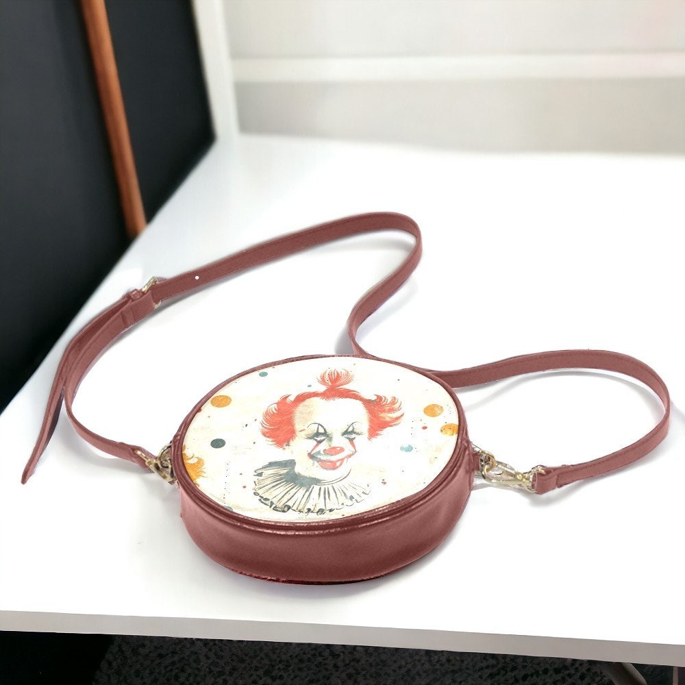 Clowncore, Vegan Leather, Round Bag, Halloween Bag, October Crossbody, Pumpkin Spice, Gift for Witchy Lovers, Fall Leaves Handbag