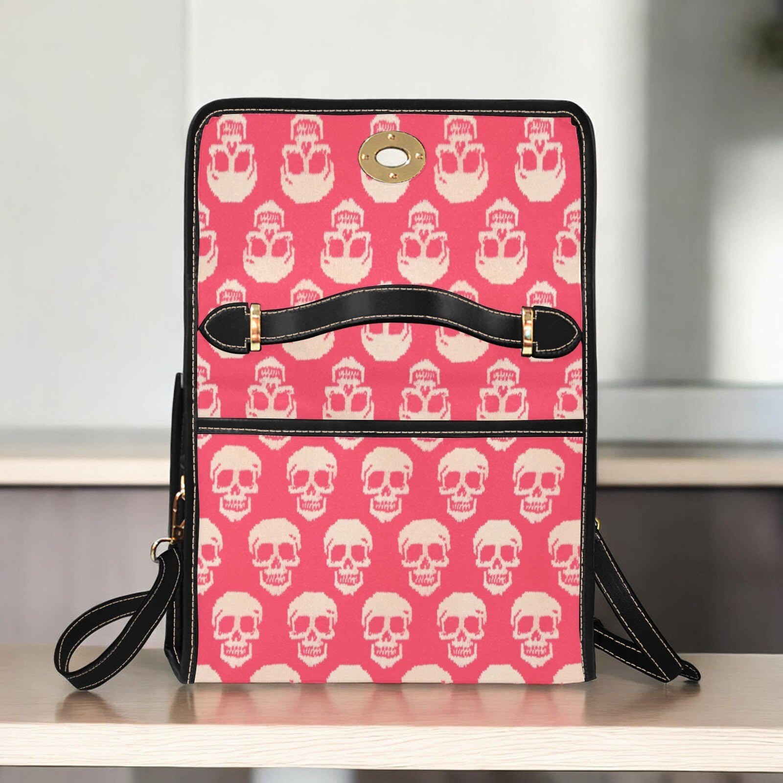 Canvas Bag, Pink Halloween Bag, Knitted Skulls, October Outfit, Crossbody Bag, Gift for Witchy Lovers, Cute Purse, Satchel Bag