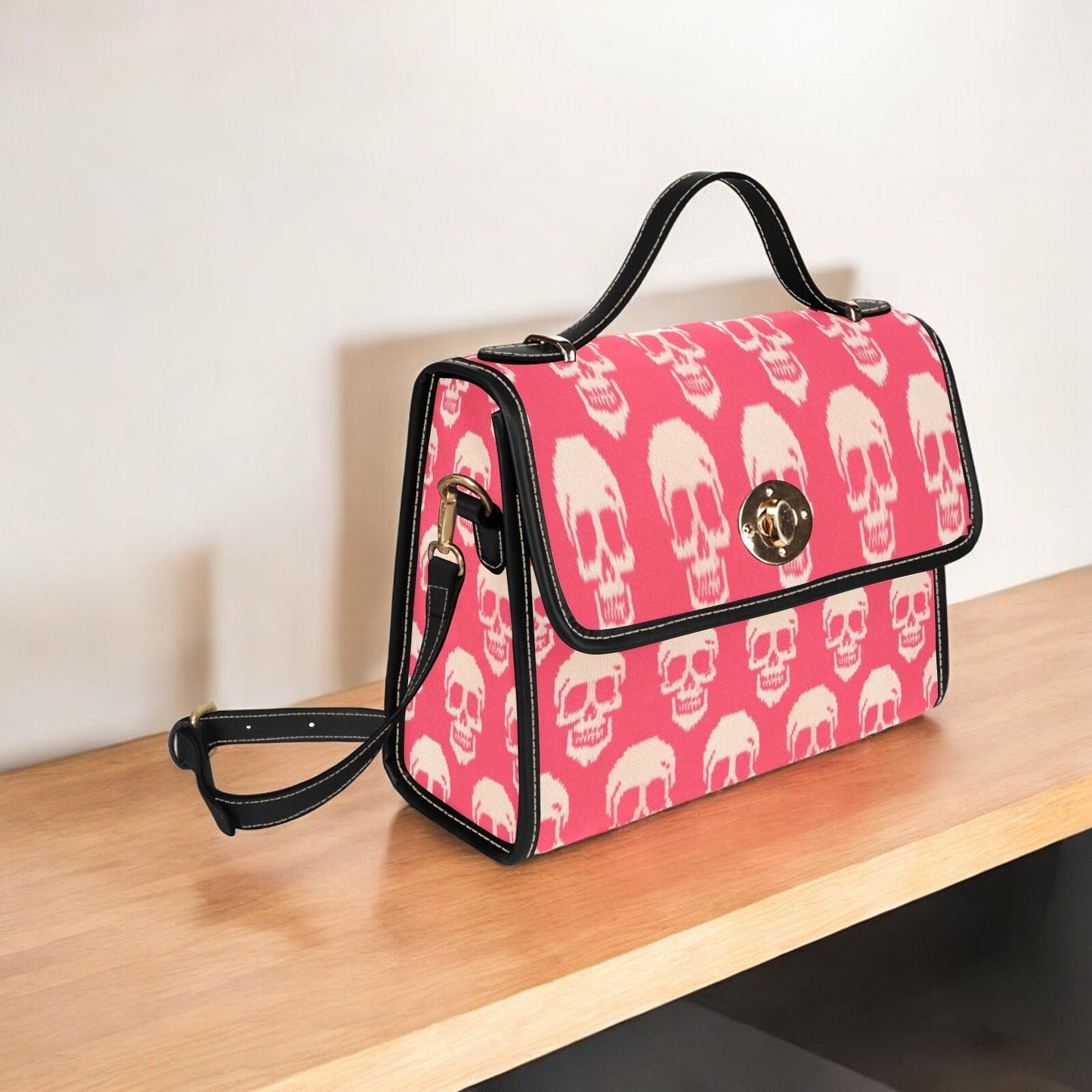 Canvas Bag, Pink Halloween Bag, Knitted Skulls, October Outfit, Crossbody Bag, Gift for Witchy Lovers, Cute Purse, Satchel Bag