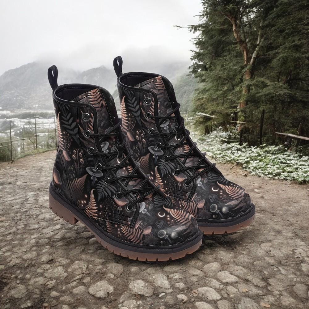 Combat Boots, Mushroom Clothing, Mens Leather Boots, Witch Shoes, Gift for Mushroom Lover, Women's Platform, Cottagecore Dark Academia,