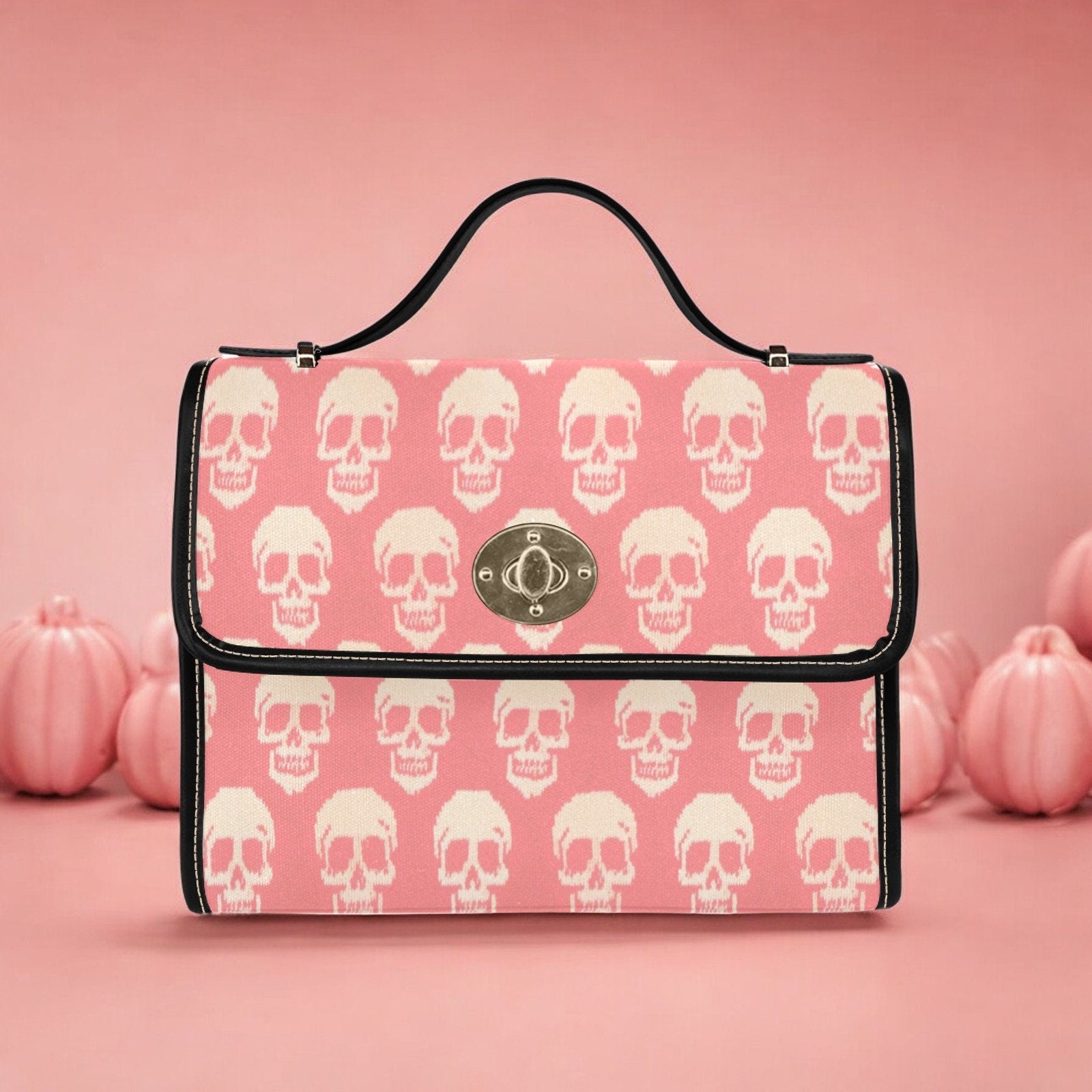 Canvas Bag, Pink Halloween Bag, Knitted Skulls, October Outfit, Crossbody Bag, Gift for Witchy Lovers, Cute Purse, Satchel Bag
