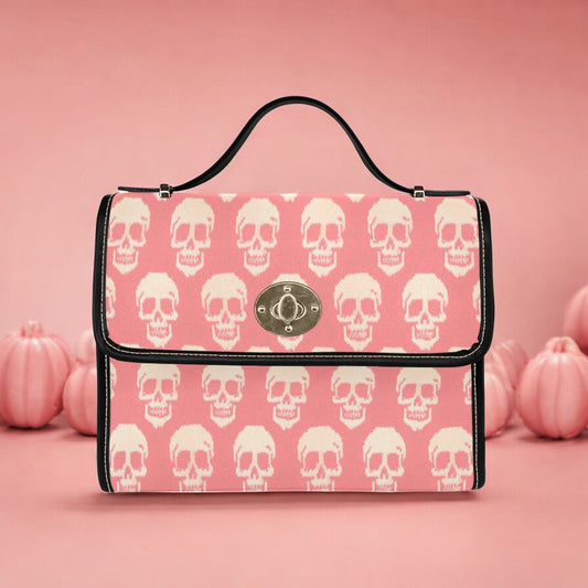 Canvas Bag, Pink Halloween Bag, Knitted Skulls, October Outfit, Crossbody Bag, Gift for Witchy Lovers, Cute Purse, Satchel Bag