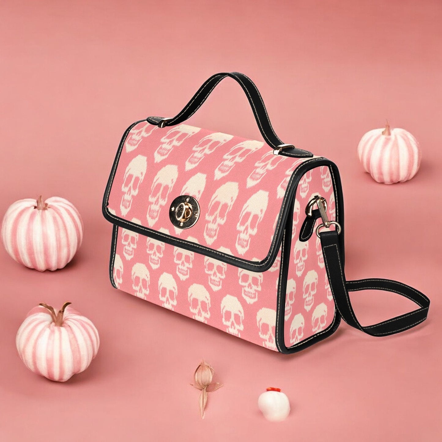 Canvas Bag, Pink Halloween Bag, Knitted Skulls, October Outfit, Crossbody Bag, Gift for Witchy Lovers, Cute Purse, Satchel Bag