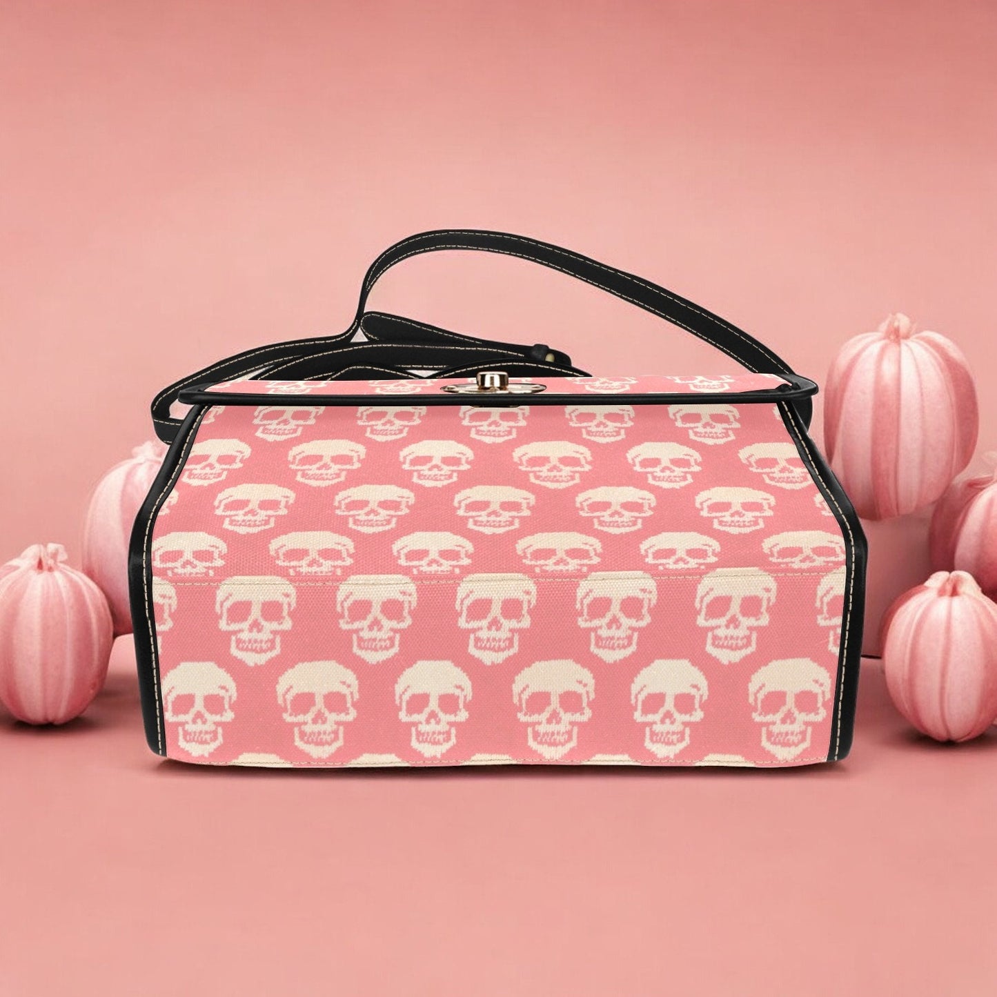 Canvas Bag, Pink Halloween Bag, Knitted Skulls, October Outfit, Crossbody Bag, Gift for Witchy Lovers, Cute Purse, Satchel Bag