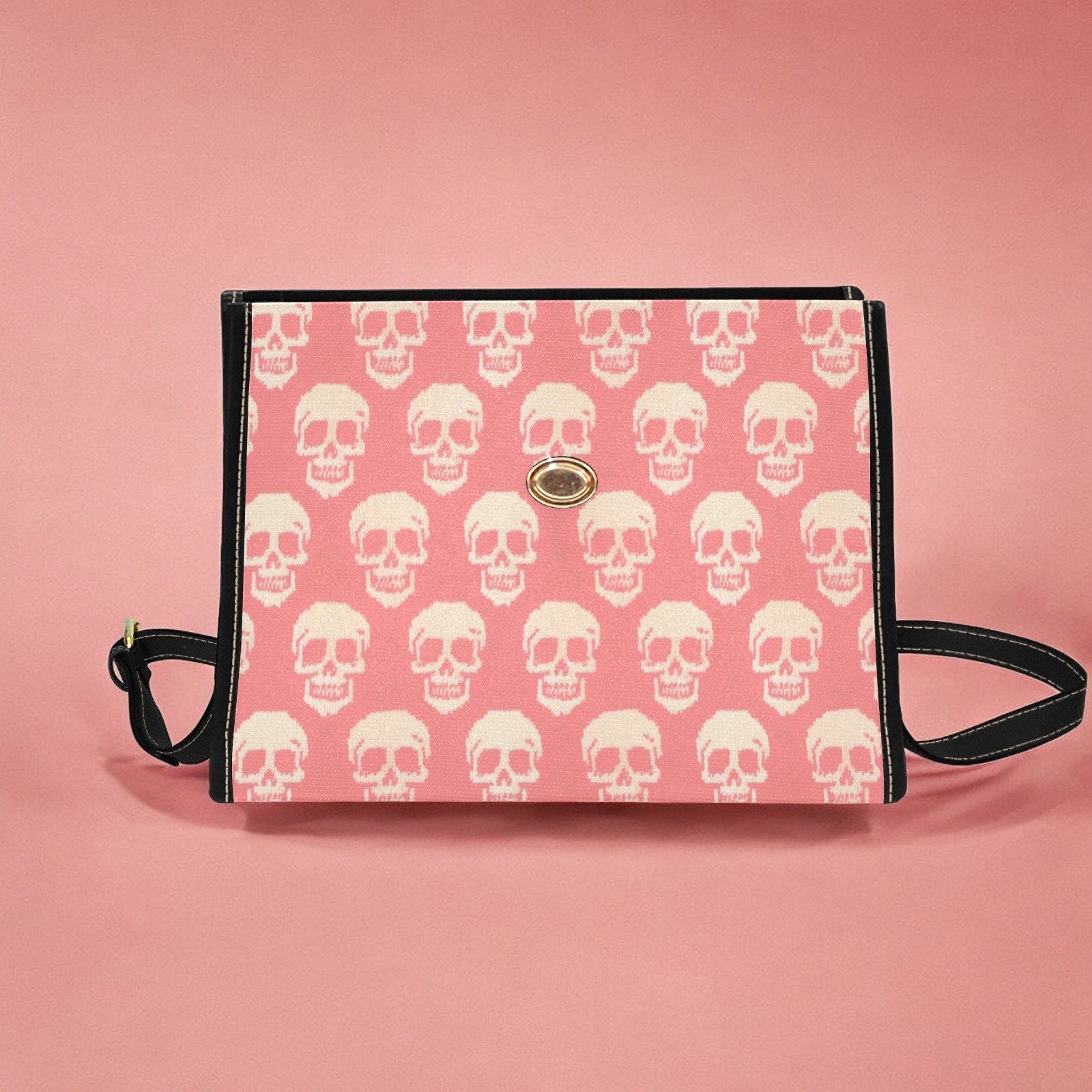 Canvas Bag, Pink Halloween Bag, Knitted Skulls, October Outfit, Crossbody Bag, Gift for Witchy Lovers, Cute Purse, Satchel Bag