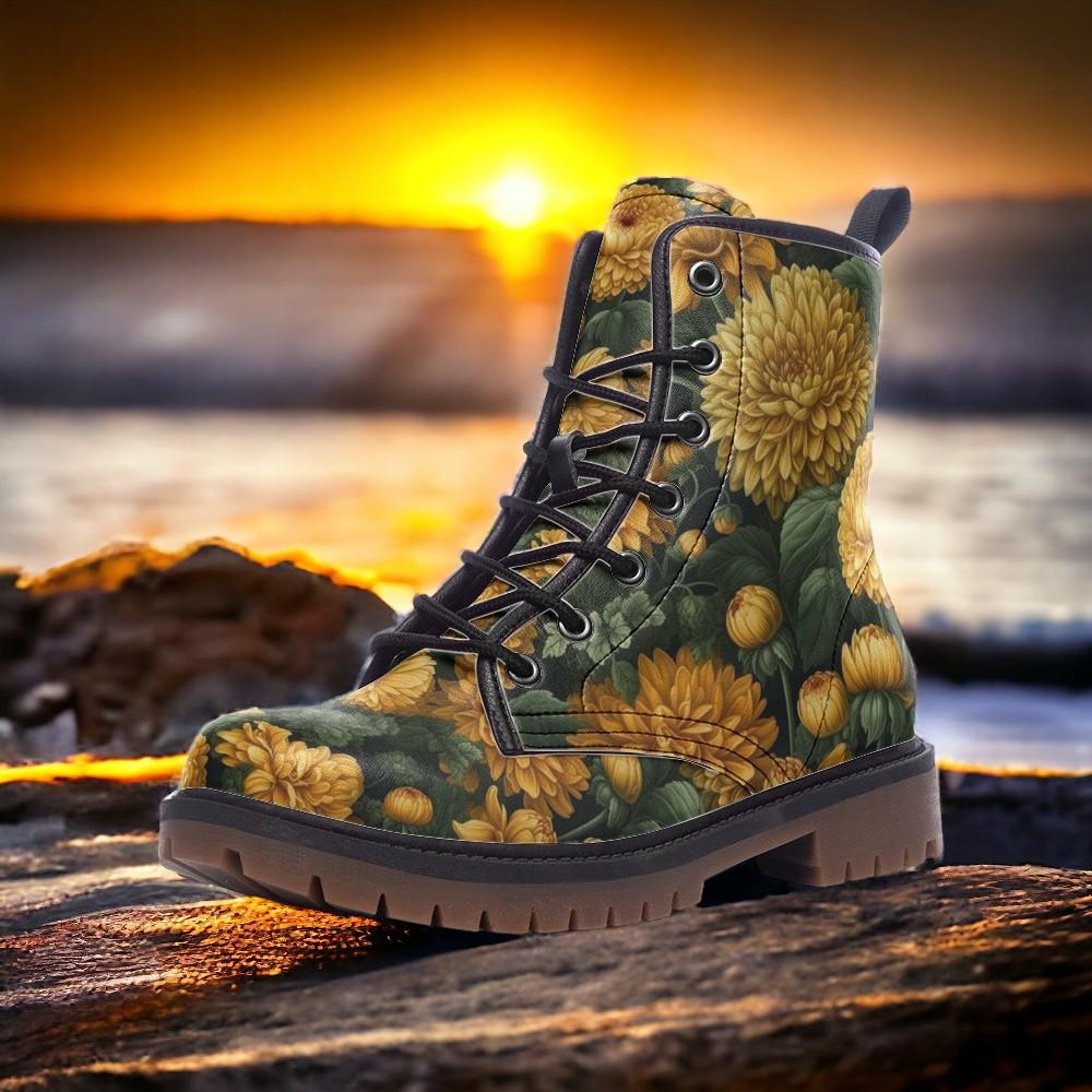 Combat Boots, Marigold Clothing, Mens Leather Boots, Witch Shoes, Gift for Mushroom Lover, Women's Platform, Cottagecore Dark Academia,