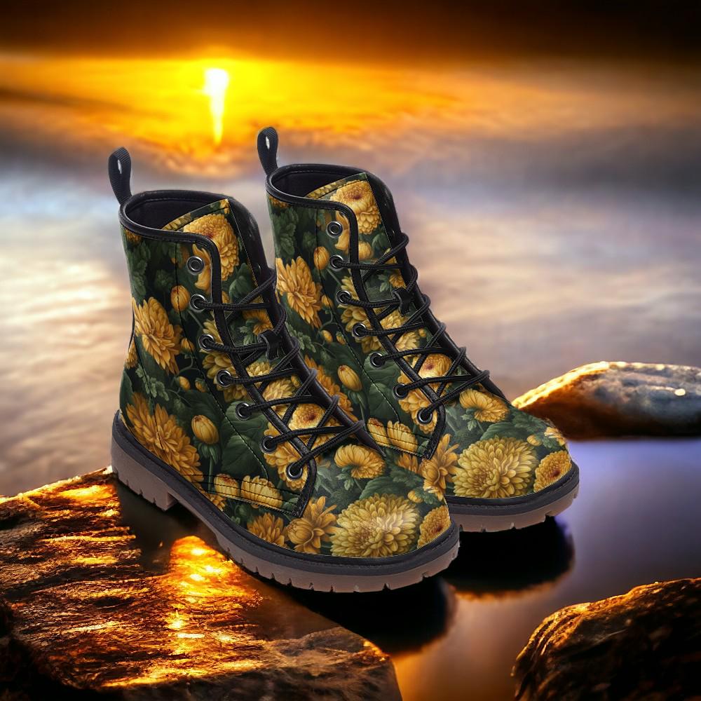 Combat Boots, Marigold Clothing, Mens Leather Boots, Witch Shoes, Gift for Mushroom Lover, Women's Platform, Cottagecore Dark Academia,