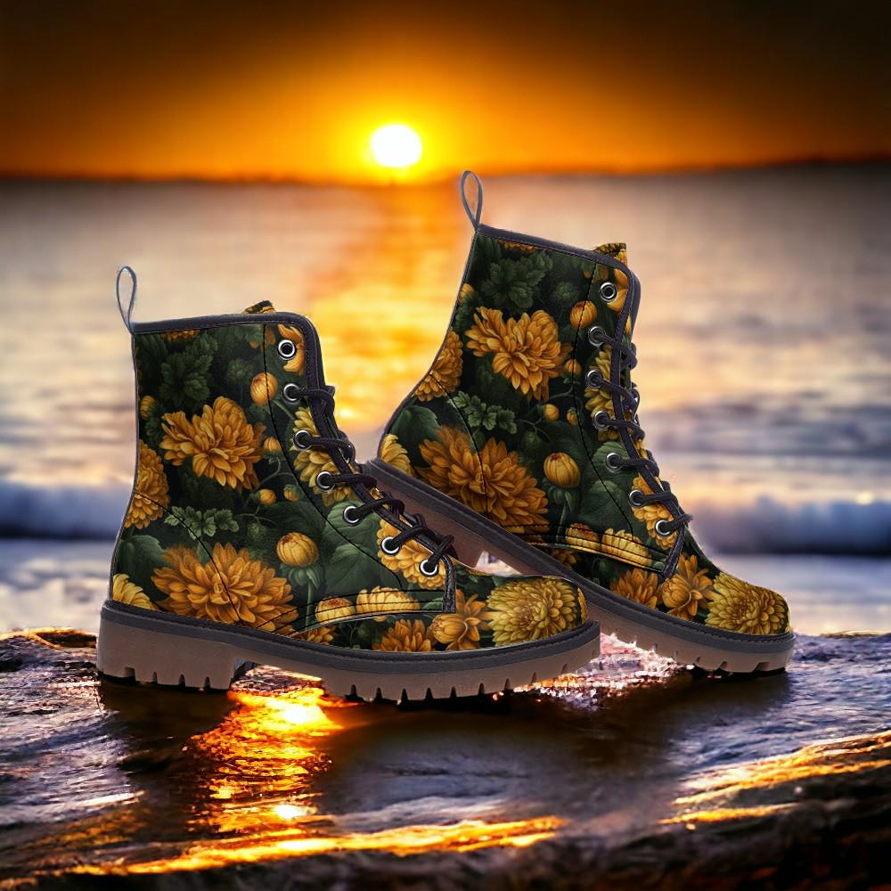 Combat Boots, Marigold Clothing, Mens Leather Boots, Witch Shoes, Gift for Mushroom Lover, Women's Platform, Cottagecore Dark Academia,