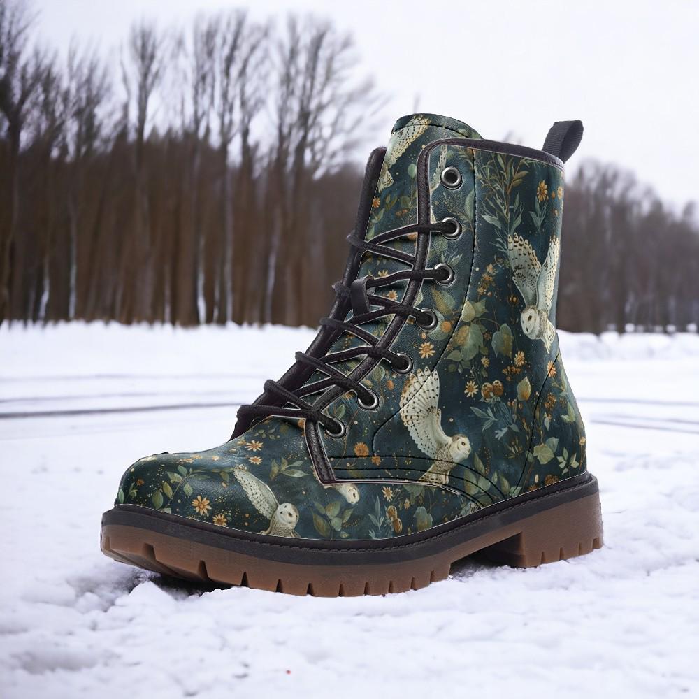 Snowy Owls Combat Boots, Marigold Clothing, Mens Leather Boots, Witch Shoes, Gift for Owl Lover, Women's Platform, Cottagecore Dark Academia