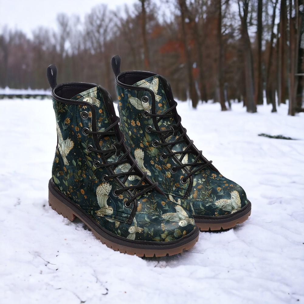 Snowy Owls Combat Boots, Marigold Clothing, Mens Leather Boots, Witch Shoes, Gift for Owl Lover, Women's Platform, Cottagecore Dark Academia