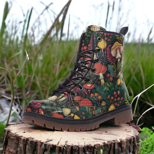 Combat Boots, Mushroom Clothing, Mens Leather Boots, Witch Shoes, Gift for Mushroom Lover, Women's Platform, Cottagecore Dark Academia