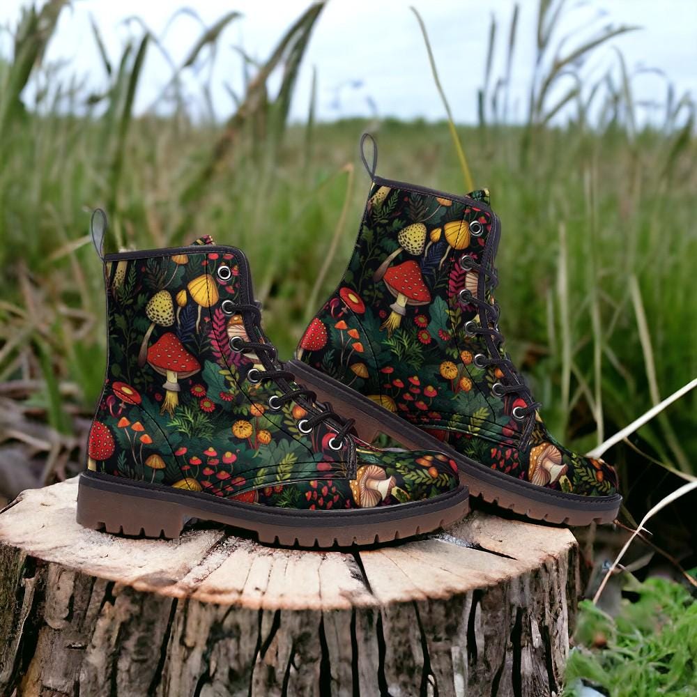 Combat Boots, Mushroom Clothing, Mens Leather Boots, Witch Shoes, Gift for Mushroom Lover, Women's Platform, Cottagecore Dark Academia